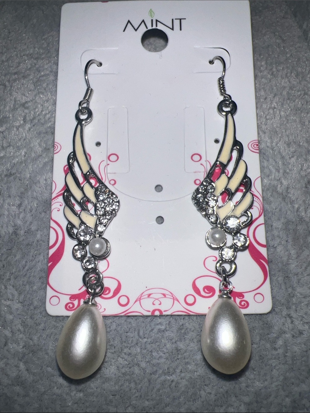 Mint Cream and Pink Wing Pearl Drop Earrings